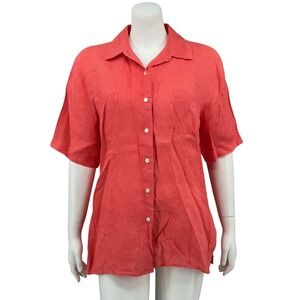 Talbots Top Womens 16 Coral 100% Irish Linen Button Up Short Sleeve Sheer Beachy